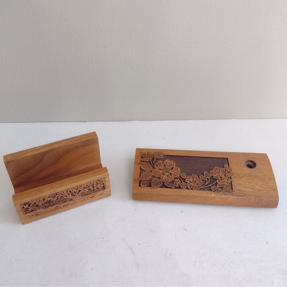 Vintage Laser Craft Engraved Walnut Envelope Card Pen Desk Holder Tree Floral - Picture 1 of 11